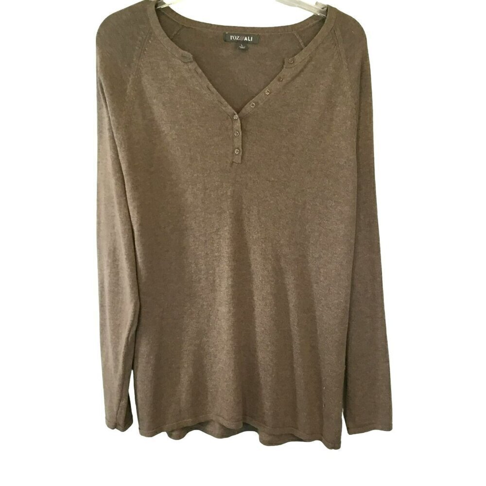Roz & Ali V-Neck Sweater Long Sleeve Button Accent Pullover Women's Size Large